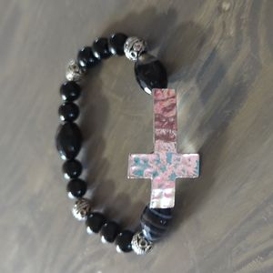 Cross Bracelet with Black and Silver Beads